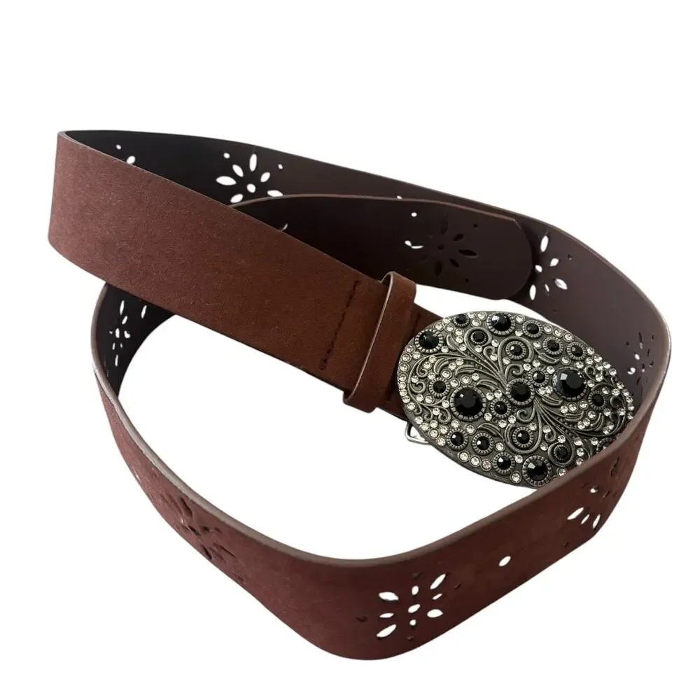 Y2K Style Faux Leather Belt Rhinestone Bling Floral Buckle Boho Western Brown